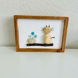 Rustic Cat Pebble Art in Wooden Frame